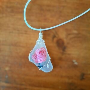 Hand-Painted Pink Rose Wire-Wrapped Necklace on faux leather cord in silver